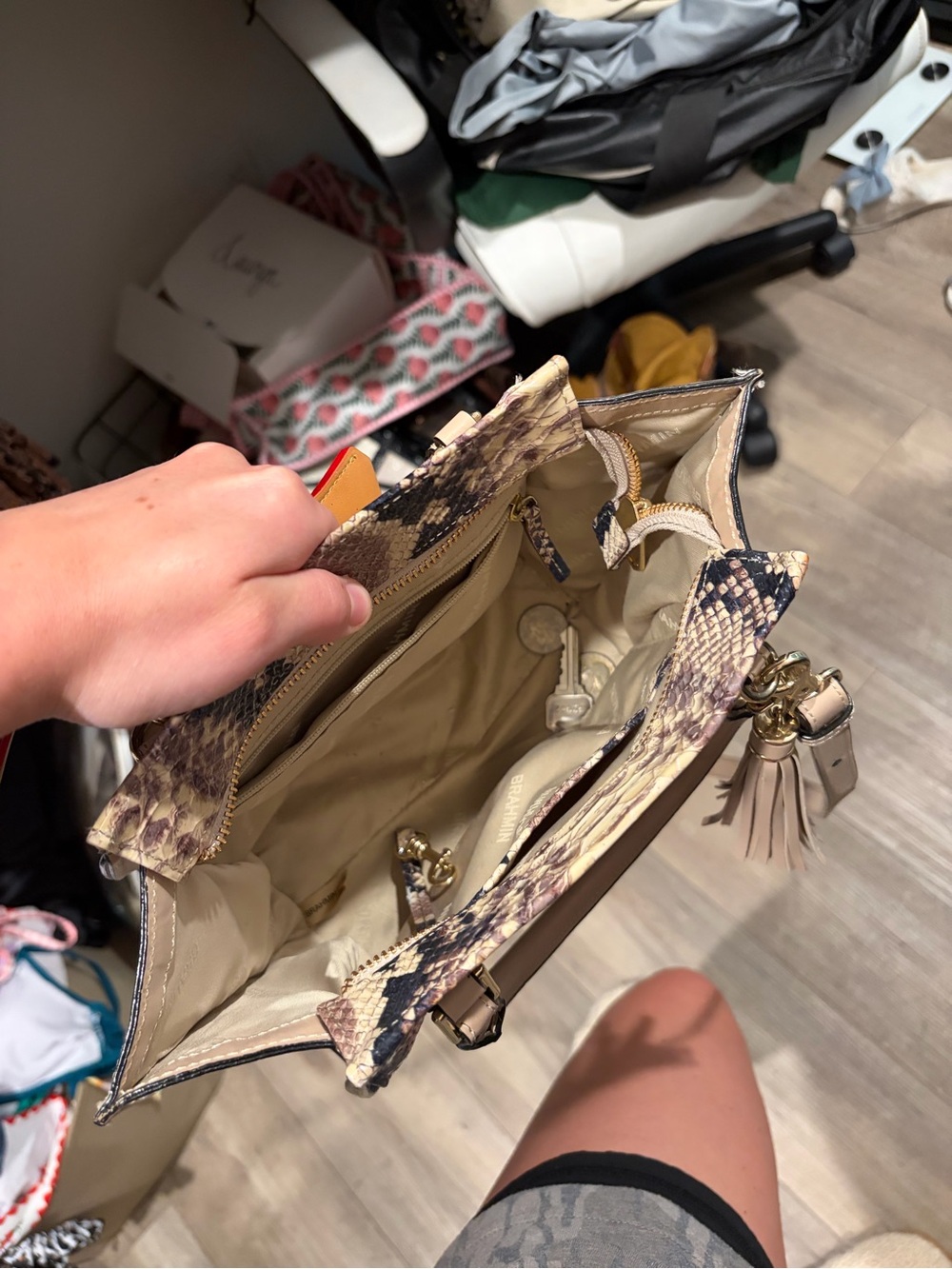 Brahmin Taupe and Beige Python-Print Satchel with Tassel - Picture 4 of 5